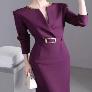 Purple Elegance – High-Waist Structured V-Cut Long Sleeve Dress